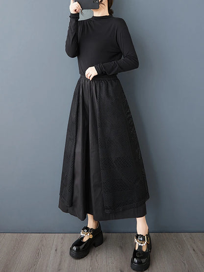 XITAO Hollow Out Patchwork Wide Leg Pants Loose Irregular Solid Color All-match Women Elastic Waist Ankle Length Pants HQQ2430