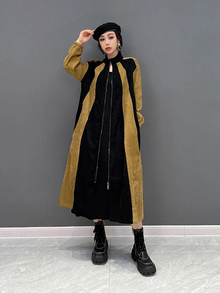 XITAO Contrast Color Casual Women Trench Loose Fashion Zipper Stand Collar Long Sleeve Spring All-match New Coat WLD13312