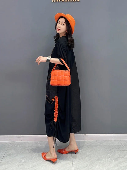 XITAO Black Casual Dress Loose Fashion Irregular Draw String Folds Patchwork Dress 2023 Summer Simplicity New Women WLD11248