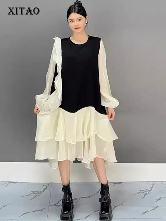 XITAO Gauze Patchwork Contrast Color Dresses O-neck Long Sleeve Loose Fashion Slimming Temperament All Match Autumn New GYX1022