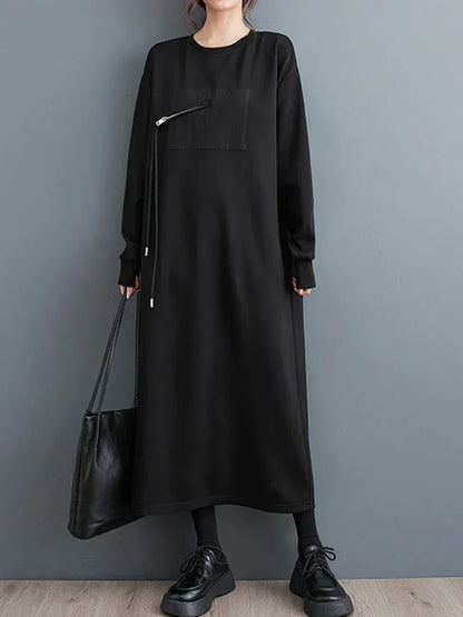 XITAO O-neck Full Sleeve Loose Dress Casual Fashion Solid Color Zippers Design Simplicity Autumn Women New Dress DMJ2690