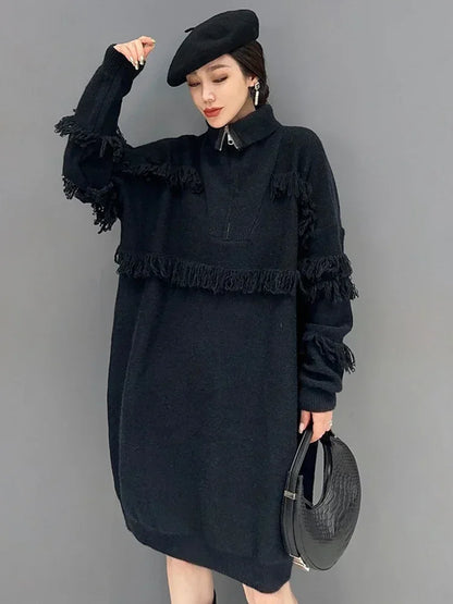 XITAO Tassel Turtleneck Zipper Knitting Dress Fashion Temperament Women Spring New Casual Trend Solid Color Dress HQQ1648