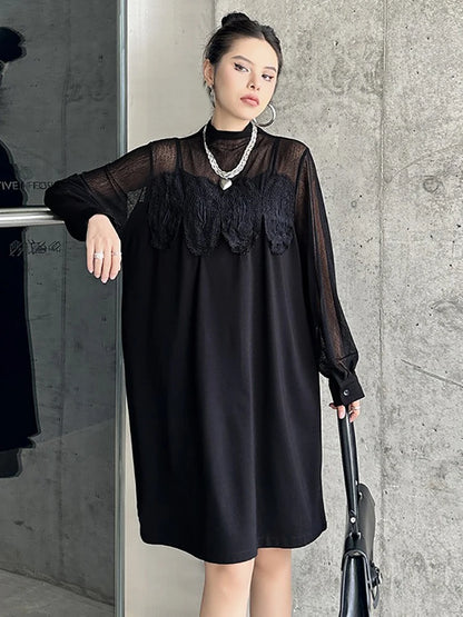 XITAO Casual Solid Color Loose Fitting O-neck Full Sleeve Female Dress Mesh Patchwork Pullover Autumn Women Dress GMM1093