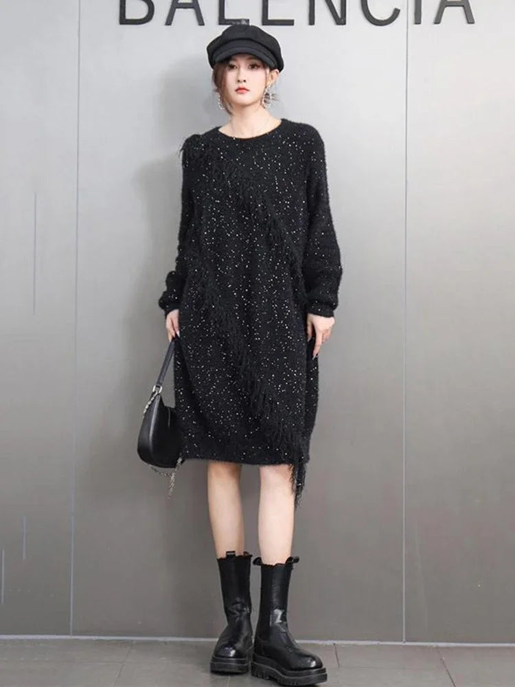 XITAO Sequin Patchwork Tassels Pullover Knitting Dress Solid Color Loose Casual Personality Temperament Slimming Dress GMM1339