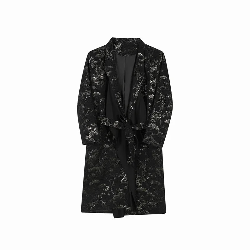 XITAO Loose Lace Up Jacquard Long Trench Female Temperament Vintage Floral Long Sleeve V-neck All Match Women Coat ZYY1036