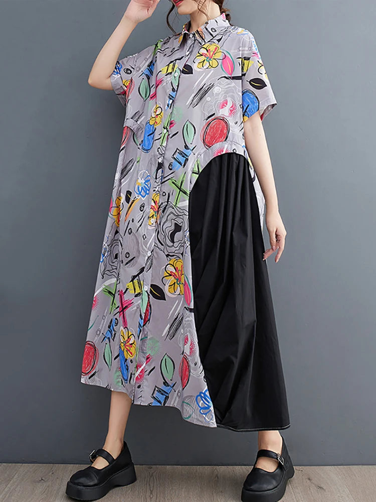 XITAO Loose Print Patchwork Dress Turn Down Collar Short Sleeve Single Breasted Slimming Summer Fashion Women Dress LYD1757