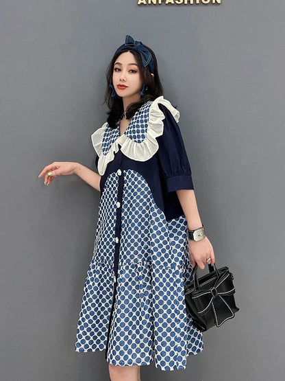 XITAO Peter Pan Collar Dress Fashion Dot Contrast Color Print Women Summer New Loose Single Breasted Cute Casual Shirt Dress ZY7256