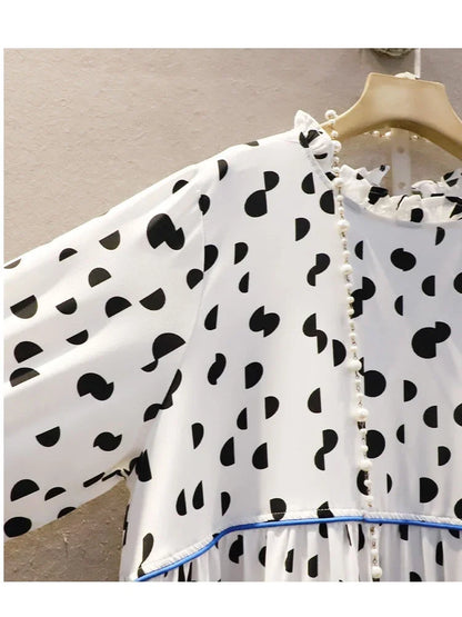 XITAO Simplicity Spot Dress New Splicing Women Spring Fashion Casual Loose Long Sleeve O-neck Collar WMD3033