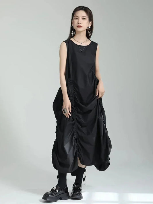 XITAO Solid Pleated Dress Women Korea 2024 Summer New Arrival Personality Fashion Loose O-neck Sleeveless Dress WMD5840