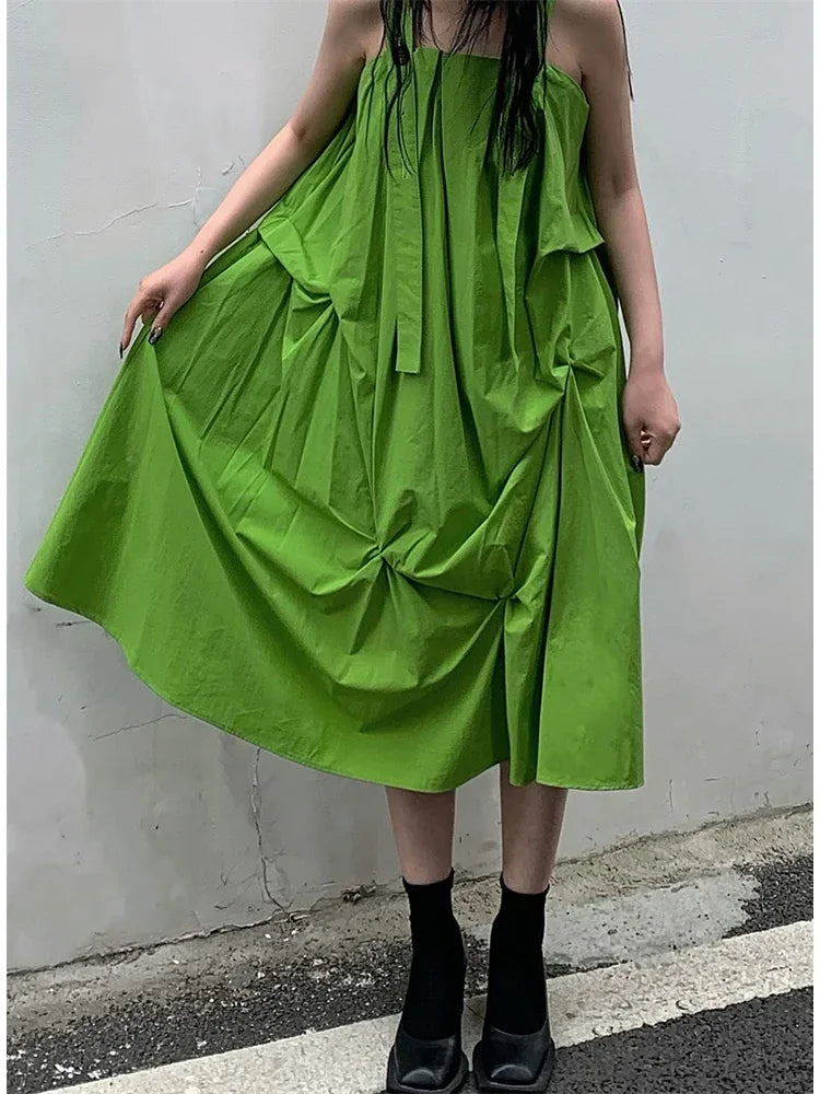 XITAO Pleated Dress Irregular Goddess Fan Pullover Solid Color Sleeveless 2024 Summer Minority Loose Pullover Dress WLD7356