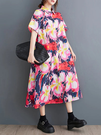 XITAO Loose Print Short Sleeve Shirt Dress Casual Slimming Single Breasted Women Summer New Irregular A-line Dress DMJ4171