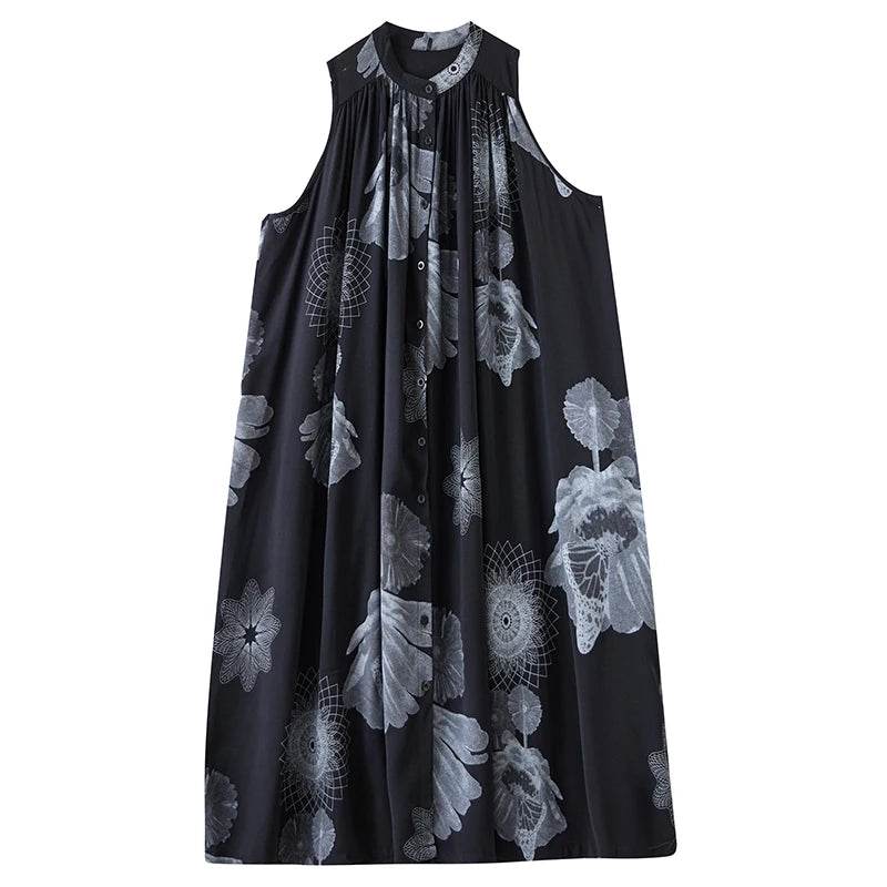 XITAO Printing Fold O-neck Sleeveless Dress Mid-calf A-line Pullover Simple Personality Solid Color Summer Women Dress GMM1310