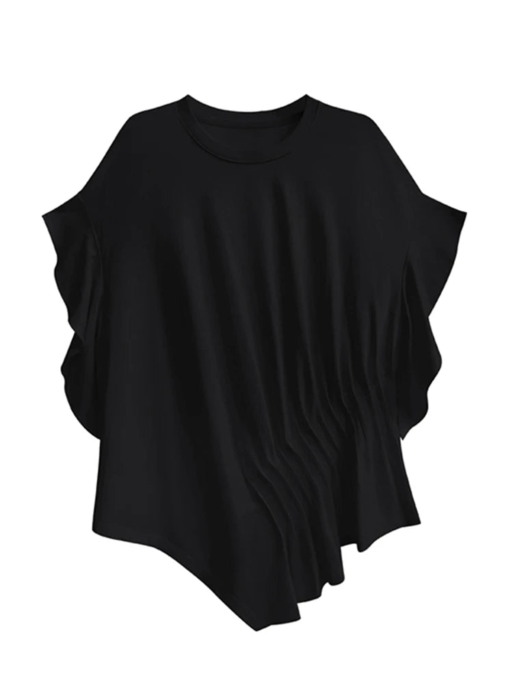 XITAO O-neck Irregular Solid Color T-shirt Fashion Loose Casual Simplicity Pleated Women Summer All-match Top ZY8838