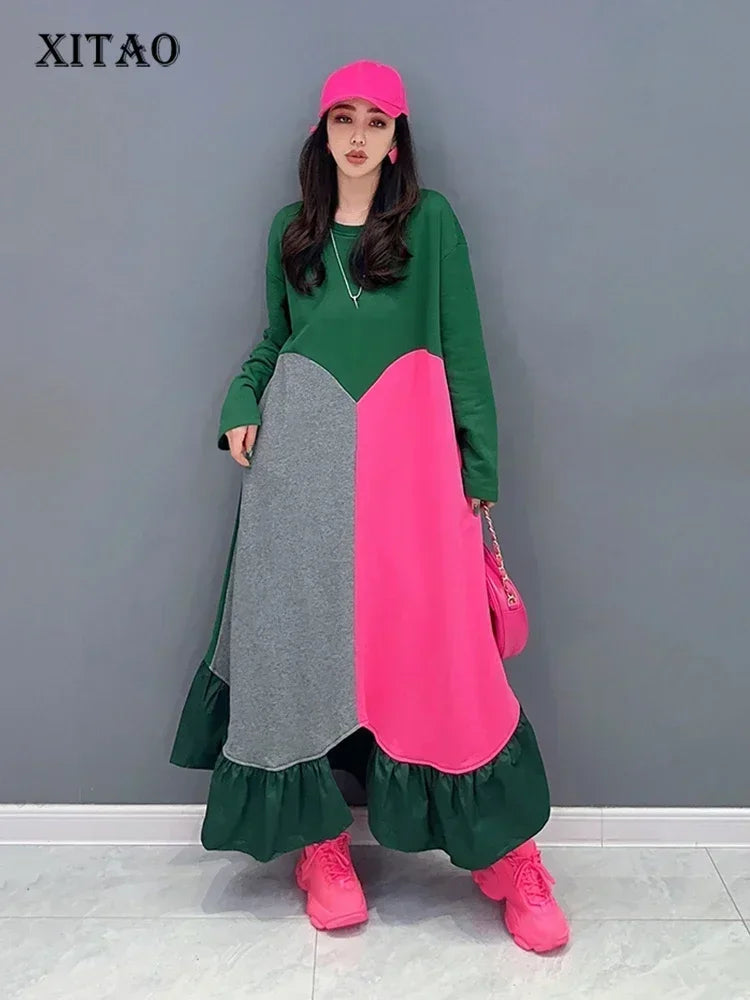 XITAO Contrast Color Patchwork Dress Fashion Asymmetrical Women Causal Long Sleeve Pullover Dress Spring Autumn New HQQ1925