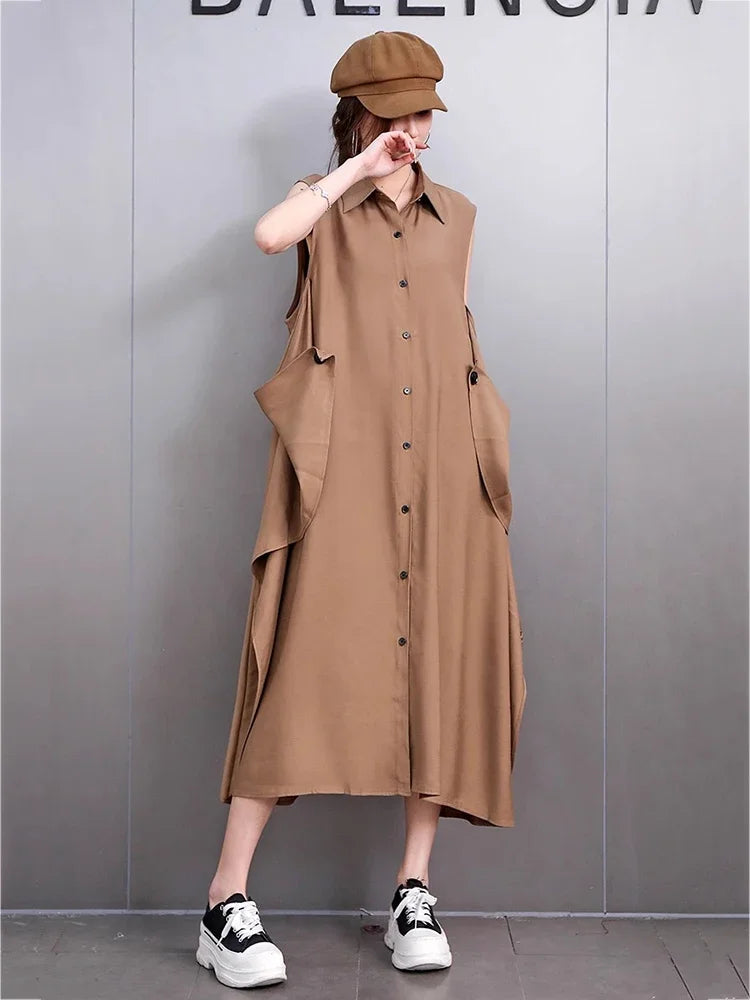 XITAO Pocket Sleeveless Dress Casual Solid Color A-line Loose Fitting Mid-calf Turn-down Color Simple Female Dress GMM1356