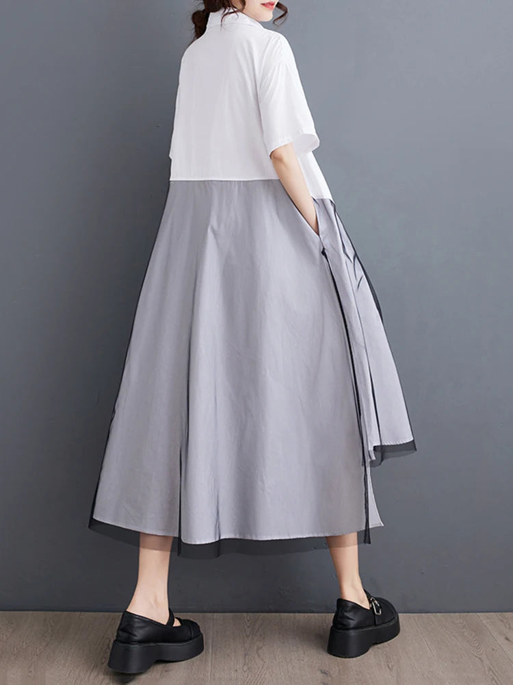 XITAO Irregular Shirt Dress Simplicity Casual Mesh Patchwork Asymmetrical Hem 2024 Summer New Turn-down Collar Dress LYD1908