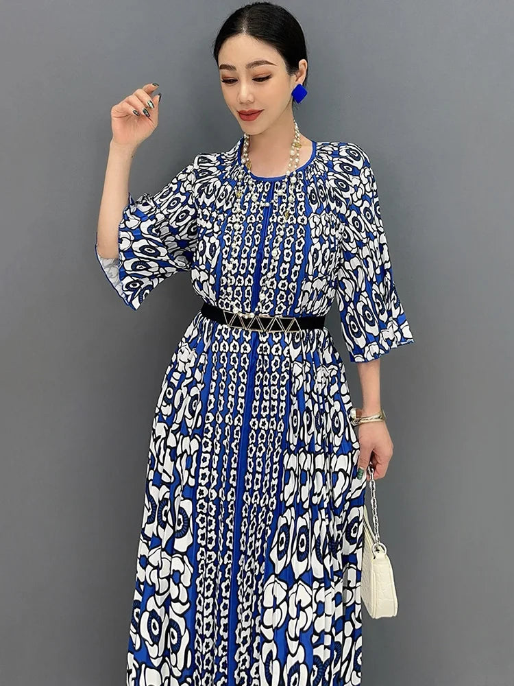 XITAO Print O-neck A-line Female Dress Elegant Loose Temperament Casual Fashion Street Trendy Women New All-match Dress WLD20258