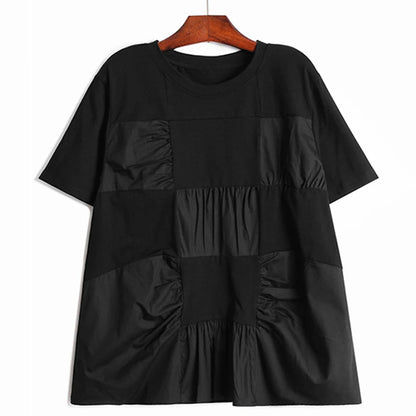 XITAO Block Patchwork O-neck Short Sleeve T-shirt Pleated Loose Casual 2024 Summer New Women All-match T-shirt Top LYD1889