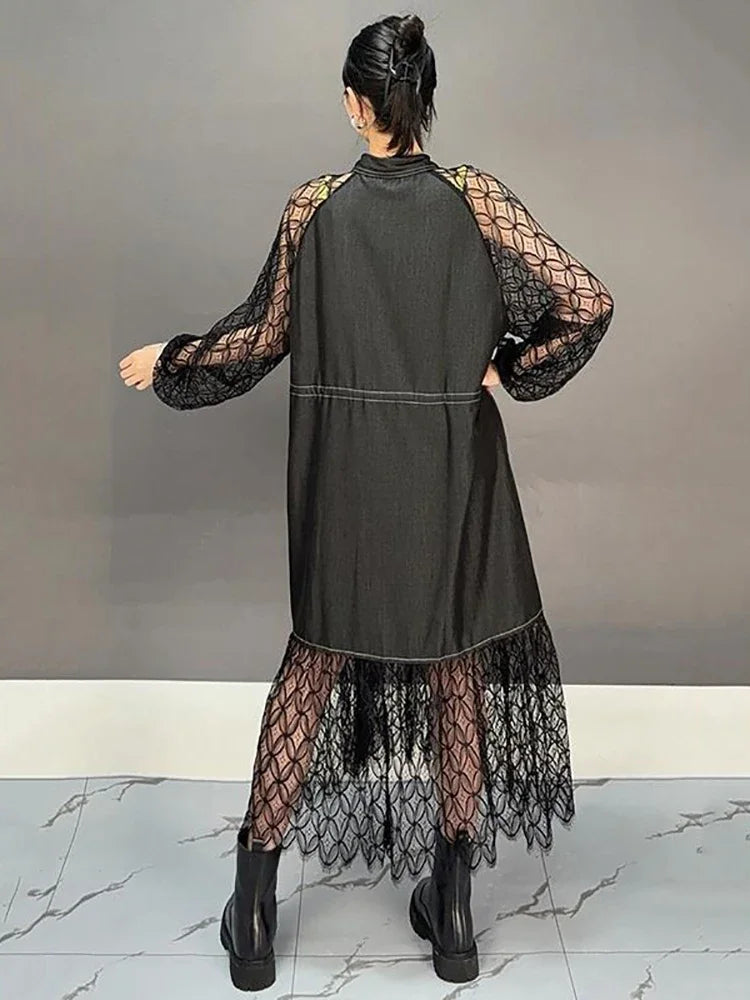 XITAO Lace Patchwork Shirring Single Breasted Dresses Solid Color Turn-down Collar Long Sleeve Fashion Dress 2025 Spring GMM1189