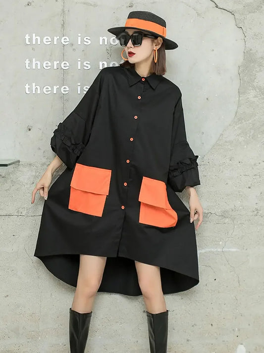 XITAO Fashion Shirt Dress Loose Contrast Color Patchwork Pocket Casual Irregular Hem Simplicity Turn-down Collar Women GWJ2290