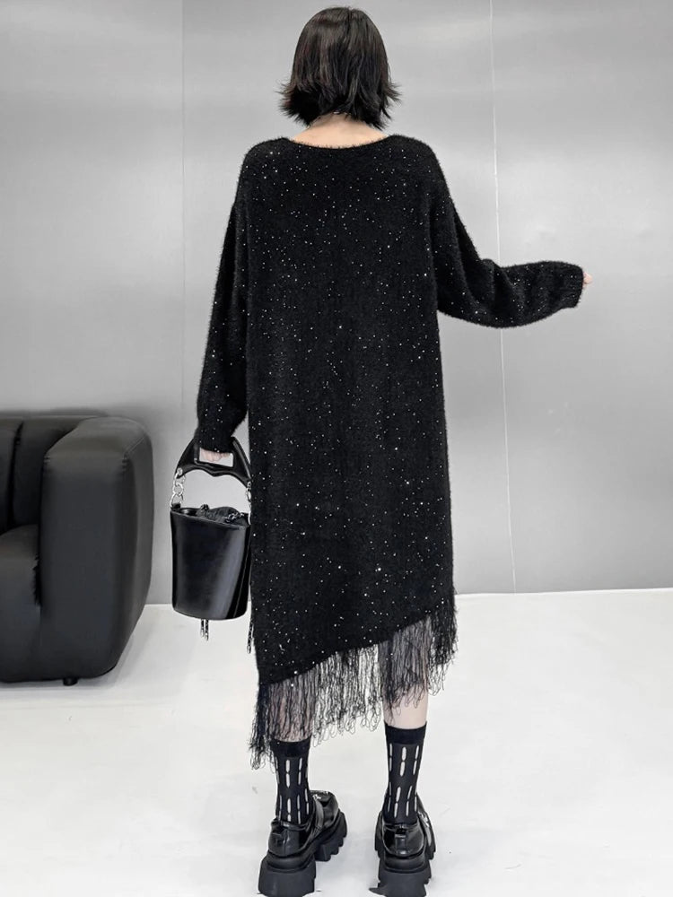 XITAO Sequins Tassel Patchwork Asymmetrical V-neck Dress Pullover Long Sleeve Loose Knitting Fashion Slimming Temperament GJ1127