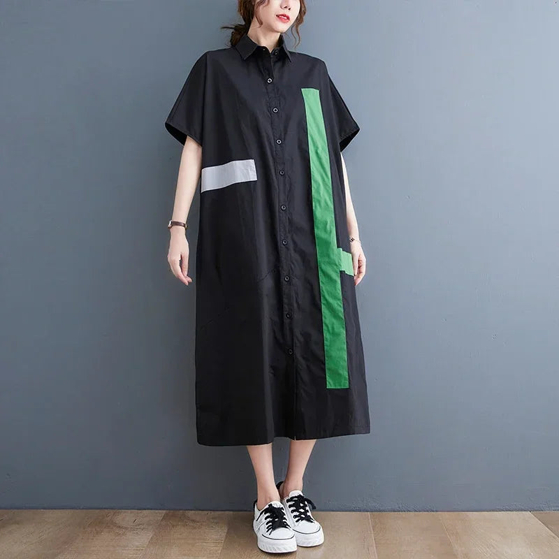 XITAO Simplicity Casual Shirt Dress Loose Fashion Contrast Color Patchwork Bat Wing Sleeve Shirt Dress Summer New WLD13734