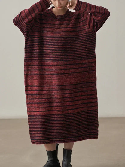 XITAO Striped Knitting O-neck Dress Full Sleeve Loose Casual Pullover Contrast Color Spring Women New All-match Dress DMJ3280