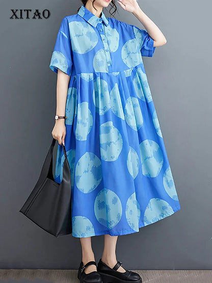 XITAO Casual Print Shirt Dress Loose Fashion Contrast Color Turn-down Collar Women Dress 2024 Simplicity Summer New DMJ1733