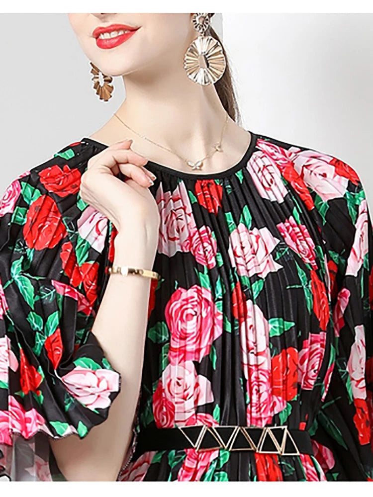 XITAO Pleated Printed Casual Dress Women Fashion Half Sleeve All Match Slimming Temperament Loose New Pullover Dress DMJ4088