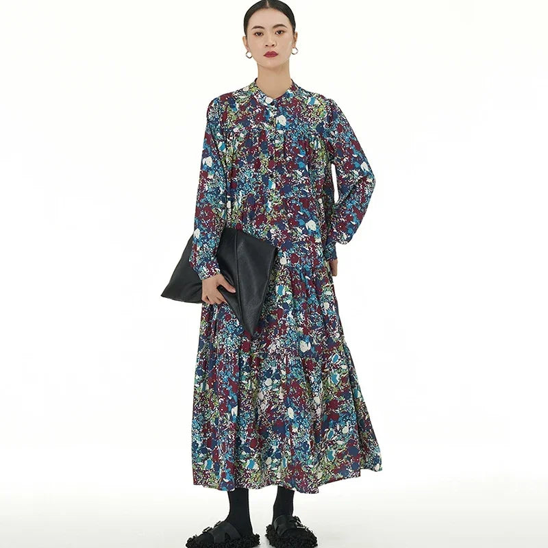 XITAO Personality Vintage Print Dress Loose Slimming Elegant Pullover Stand Collar Long Sleeve Patchwork Women Dress DMJ3563