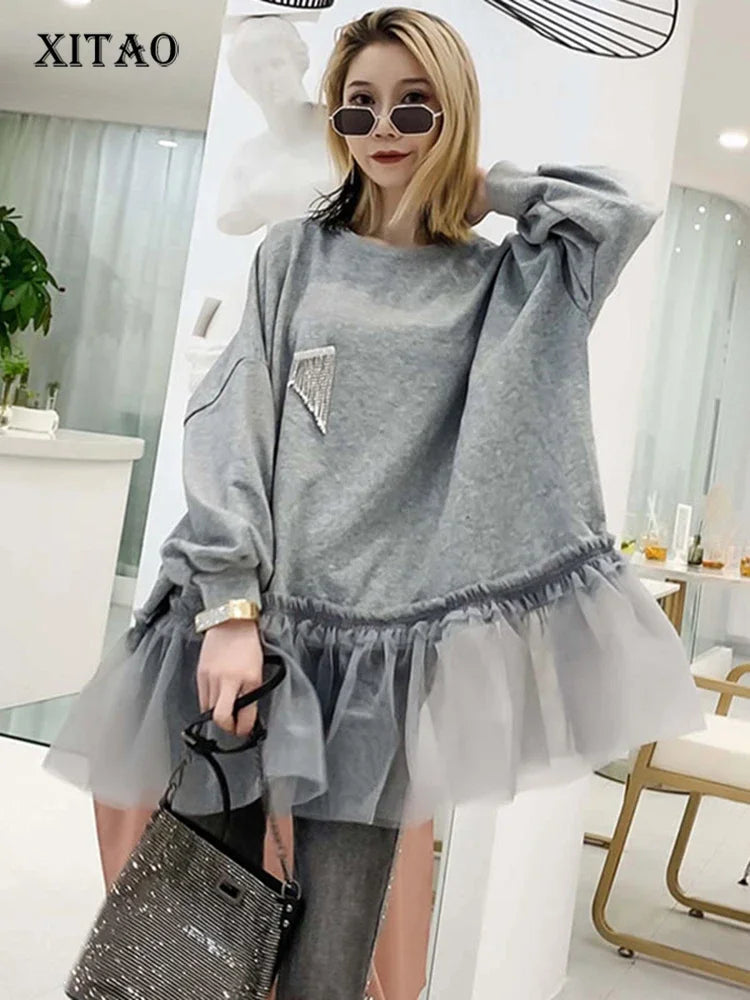 XITAO Tide Patchwork Mesh Pleated Sweatshirt Diamonds Women Clothes Elegant Fashion Pullover Top Autumn Korean  WQR1548