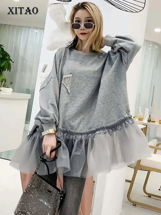 XITAO Tide Patchwork Mesh Pleated Sweatshirt Diamonds Women Clothes Elegant Fashion Pullover Top Autumn Korean  WQR1548