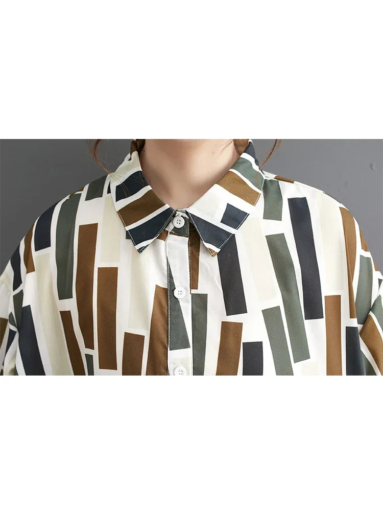 XITAO Print Patchwork Turn-down Collar Dress Pullover Loose Pocket Long Sleeve Show Thin New Arrival DMJ2495