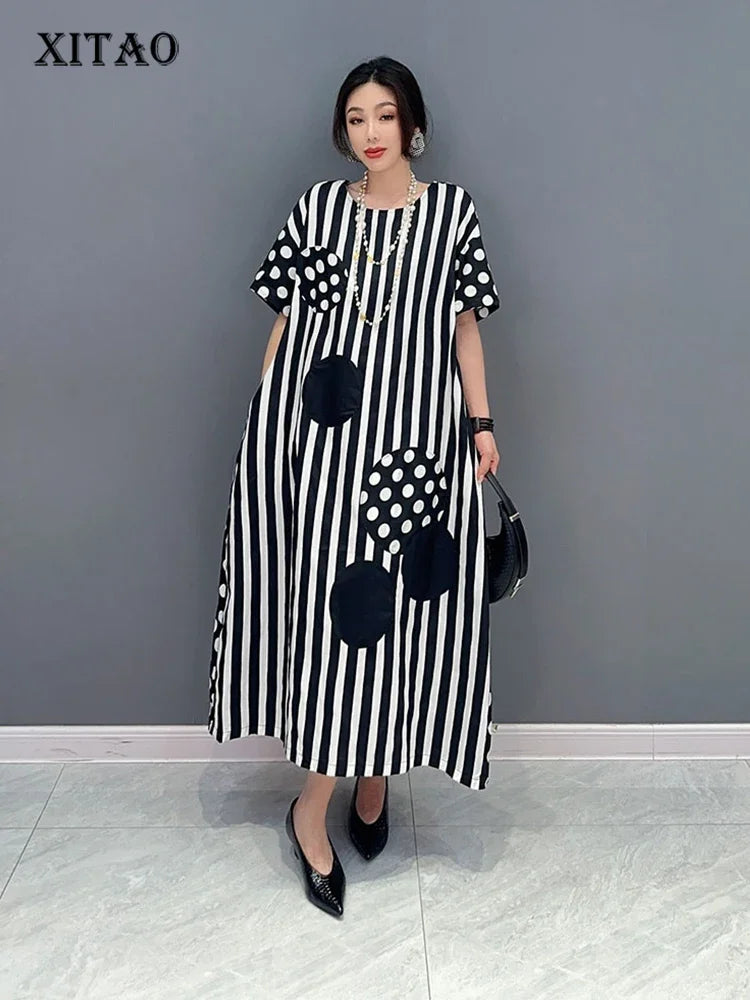 XITAO Korea Striped Dresses Patchwork Female Appear Thin Summer Women New Arrival Fashion All Match O-neck DMJ1159