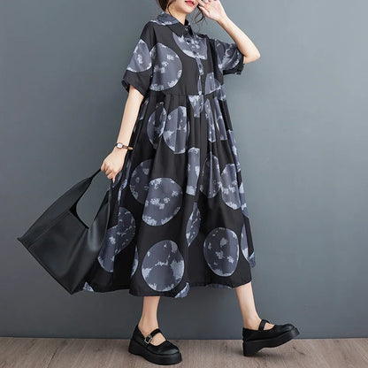 XITAO Casual Print Shirt Dress Loose Fashion Contrast Color Turn-down Collar Women Dress 2024 Simplicity Summer New DMJ1733