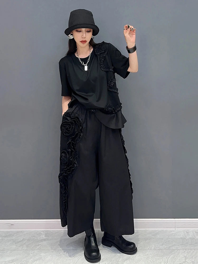 XITAO Black Casual Pant Set Summer Three-dimensional Flower O-neck Loose Fashion Wide Leg Cropped Pants Two-piece Set LYD1845