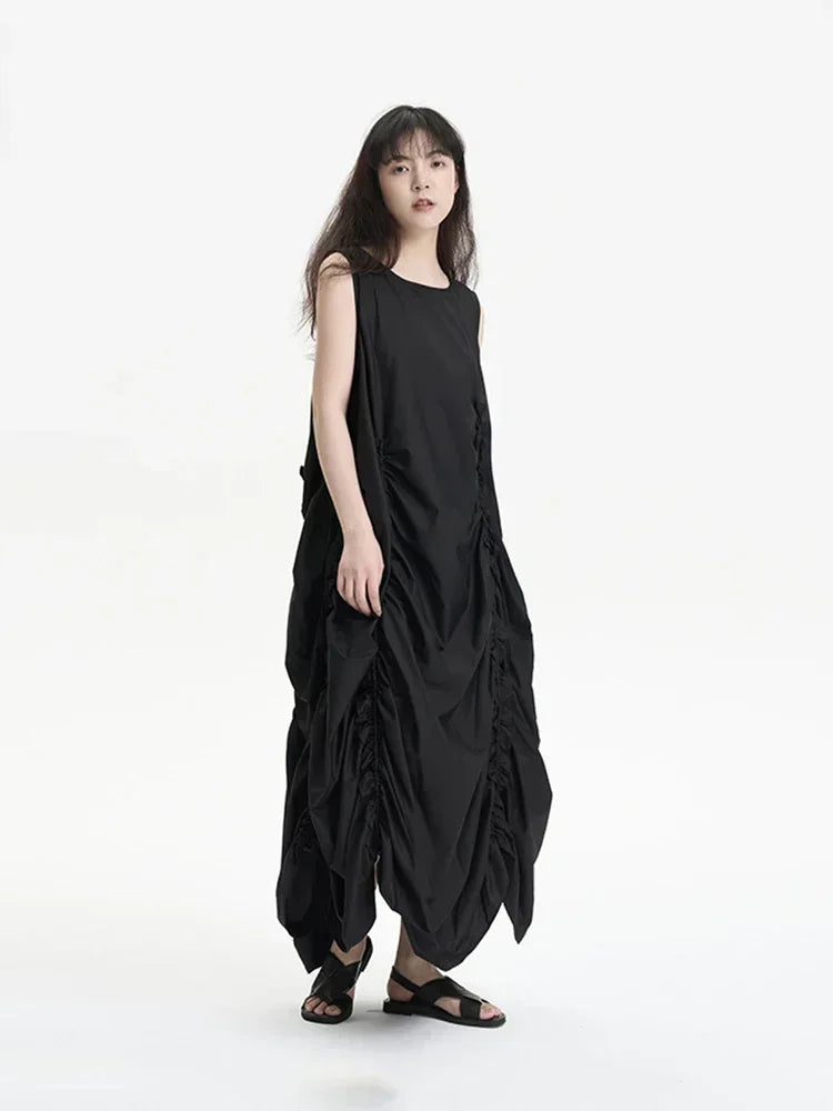 XITAO Folds Sleeveless Dress Fashion Black Casual Women Summer Simplicity New Personality Loose Street Trendy Dress WMD5840