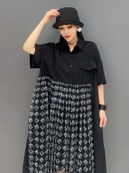 XITAO Asymmetrical Gauze Patchwork Black Shirt Dress Loose Fashion Short Sleeve Single Breasted Dress Summer New ZY8789