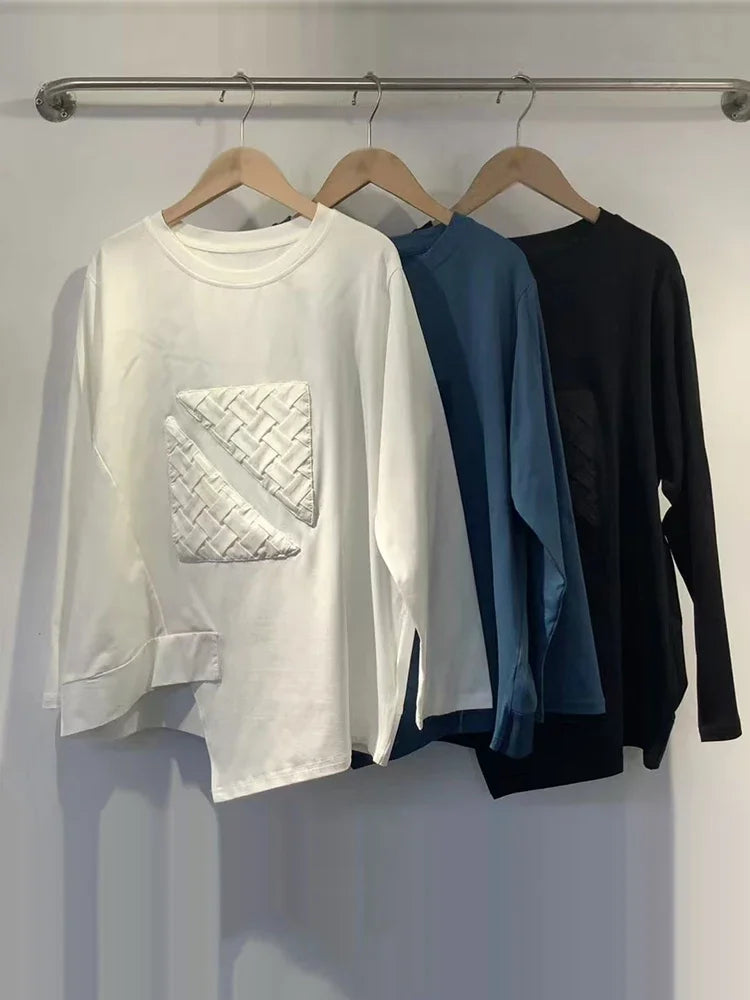 XITAO Asymmetrical Patchwork T-Shirts O-neck Pullover Solid Color Long Sleeve Casual All Match Loose Tops 2024 Autumn New GJ1089