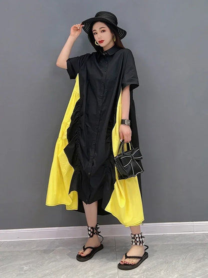 XITAO Single Breasted Dress Women Summer New Personality Fashion Loose Turn-down Collar Short Sleeve Dress WMD6013