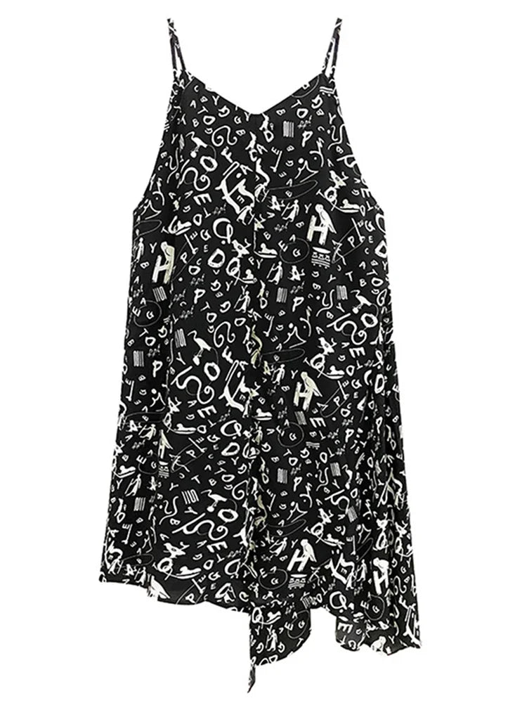 XITAO Irregular Casual Strep Dress Personality Letter Print Fashion V-neck Goddess Fan Women Summer Loose Sling Dress HQQ0959