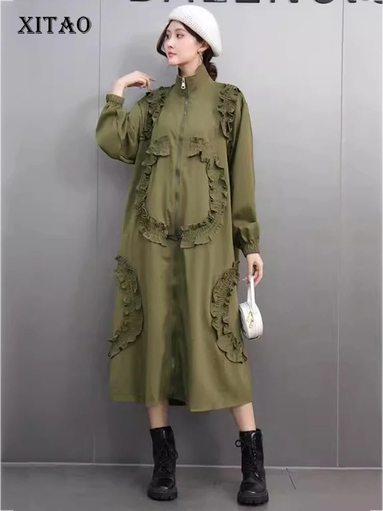 XITAO Fashion Design Casual Loose Female Dress A-line Patchwork Turn-down Collar Full Sleeve Thin Autumn Women Dress GMM1014