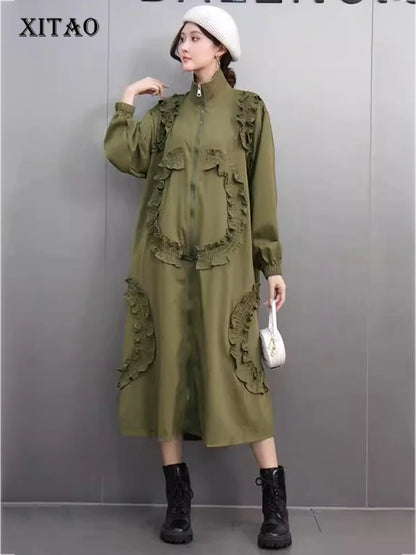 XITAO Fashion Design Casual Loose Female Dress A-line Patchwork Turn-down Collar Full Sleeve Thin Autumn Women Dress GMM1014