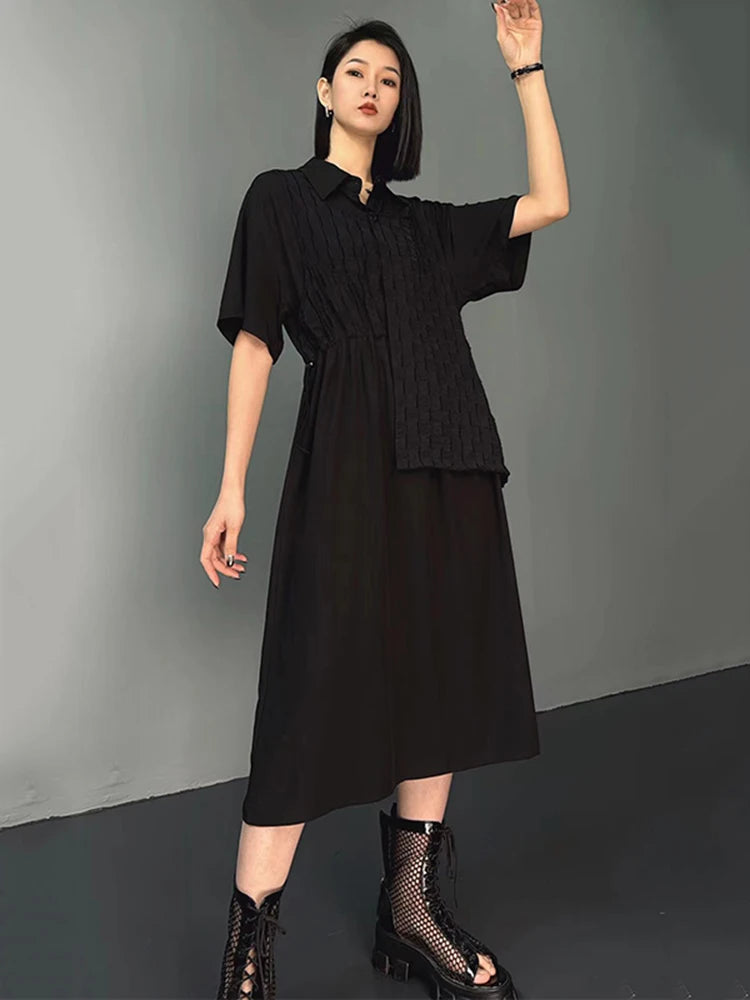 XITAO Asymmetrical Patchwork Dress Fashion False Two Pieces Draw String Turn-down Collar Shirt Dress 2024 Summer New WLD20146