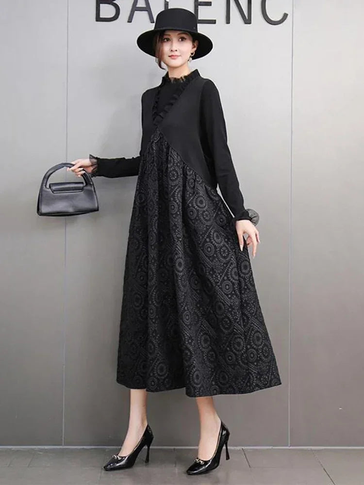 XITAO Casual Solid Color V-neck Mid-calf Sleeveless Pullover Black New A-line Patchwork Hong Kong Autumn Women Dress GMM1047