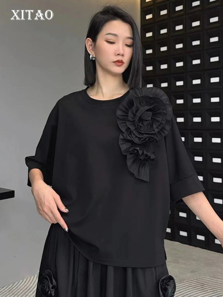 XITAO Loose O-neck Floret Female T-Shirts Fashion Trend Batwing Sleeve Women Spring New Temperament Patchwork Top LYD1525