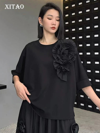 XITAO Loose O-neck Floret Female T-Shirts Fashion Trend Batwing Sleeve Women Spring New Temperament Patchwork Top LYD1525