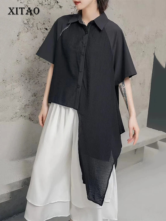 XITAO Asymmetrical Single Breasted Women Shirt Turn-down Collar Short Sleeve Solid Color Patchwork Casual 2024 Summer New GJ1032