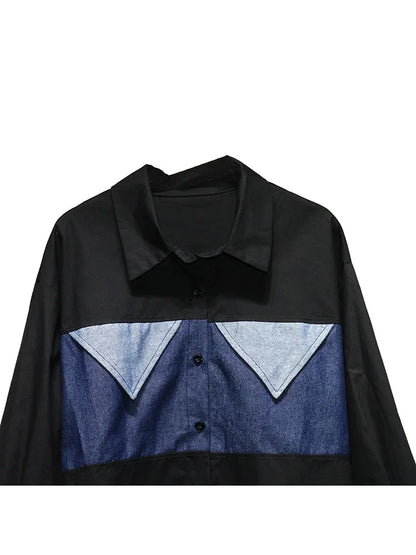 XITAO Casual Solid Color Patchwork Denim Blouse Turn-down Collar Full Sleeve Contrast Color Fashion Autumn Women Shirt GMM1135