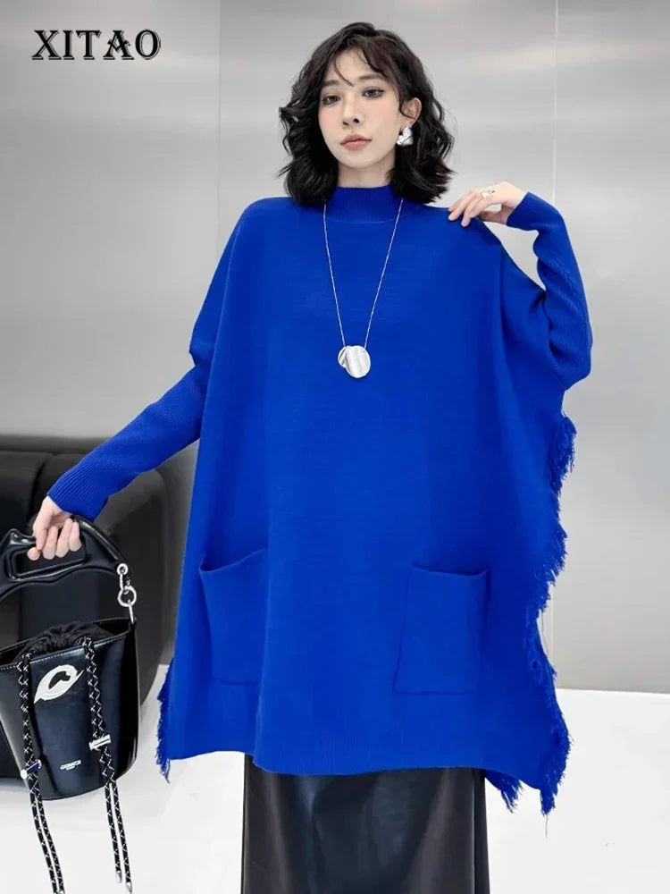 XITAO Solid Color Loose Irregular Sweater Female Pullover Full Sleeve Half High Collar All Match Fashion Autumn Sweater ZYY1104